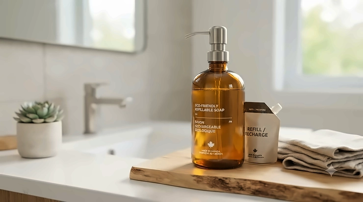 Eco-friendly refillable soap bottle on a Canadian-made bamboo tray. / Savon rechargeable écologique sur un plateau en bambou.