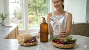 Sustainable and vegan shower gel for women in recyclable packaging.