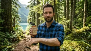 Man enjoying the woodsy scent of North Scent smelling body wash for men.