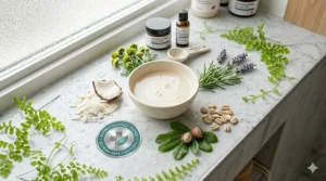 Graphic showing steps for an eczema-safe skincare routine.