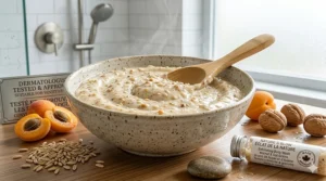A close-up view of the creamy texture of an exfoliating body wash in a bowl, featuring oats and apricot pieces.