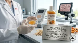 A dermatologist in a lab testing exfoliating body wash, with a plaque stating it is tested and approved for sensitive skin.