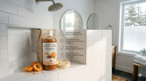 Eco-friendly packaging for exfoliating body wash highlighting features like recyclable bottles and sustainable sourcing.