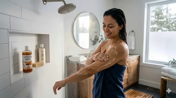 A woman smiling while using exfoliating body wash in a bright, modern bathroom with natural light.