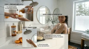 A three-step instructional guide on how to prepare, apply, and rinse exfoliating body wash in the shower.