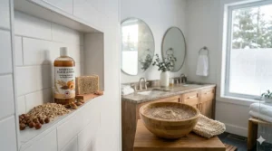 Natural ingredients including oats, nuts, and apricots displayed alongside a bottle of exfoliating body wash in a bathroom.
