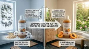 A side-by-side comparison of winter and summer skincare routines using exfoliating body wash.