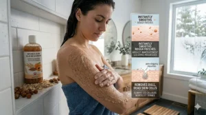 A woman using exfoliating body wash with an infographic overlay detailing the benefits for smoothing skin and removing dead skin cells.