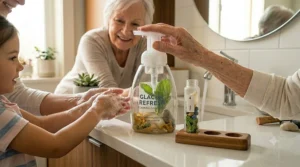 A family washing hands with gentle foaming hand soap in a home setting.