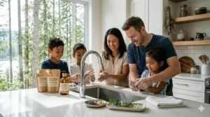 A family washing hands with natural antibacterial soap in a bright kitchen.