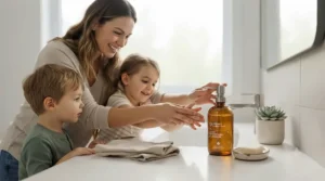 Canadian family using an eco-friendly refillable soap dispenser at home.