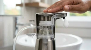 Close-up of a foaming soap pump mechanism showing the aeration process, air intake, and mixing chamber to create foam.