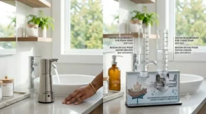 A visual sustainability comparison showing the reduced water requirements of foam soap vs liquid soap per use, displayed in a Canadian bathroom.