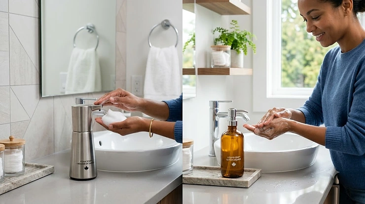 A side-by-side comparison illustrating foam soap vs liquid soap usage in a bright Canadian bathroom, featuring a modern foaming dispenser with bilingual labels and a person washing their hands.