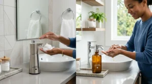 A side-by-side demonstration of foam soap vs liquid soap usage for hand hygiene in a modern Canadian bathroom setting.