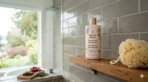 Elegant bottle of scented shower gel for women on a shelf.
