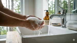 Soft foam of natural antibacterial hand soap being rinsed from hands.