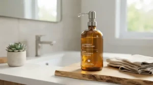 Elegant glass eco-friendly refillable soap dispenser in a bright bathroom.