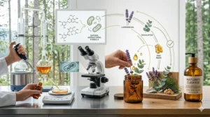 An illustration showing the blend of science and nature in hand soap.