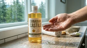 Illustration of gentle, clear castile soap providing skin hydration during dry Canadian winter conditions.
