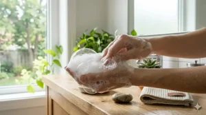 Hypoallergenic unscented castile liquid soap bubbles on clean skin. / Bulles de savon de Castille liquide sans parfum hypoallergénique sur une peau propre.