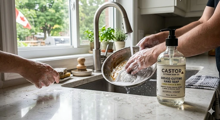 Bottle of kitchen hand soap designed for grease cutting beside a clean kitchen sink. kitchen hand soap grease cutting