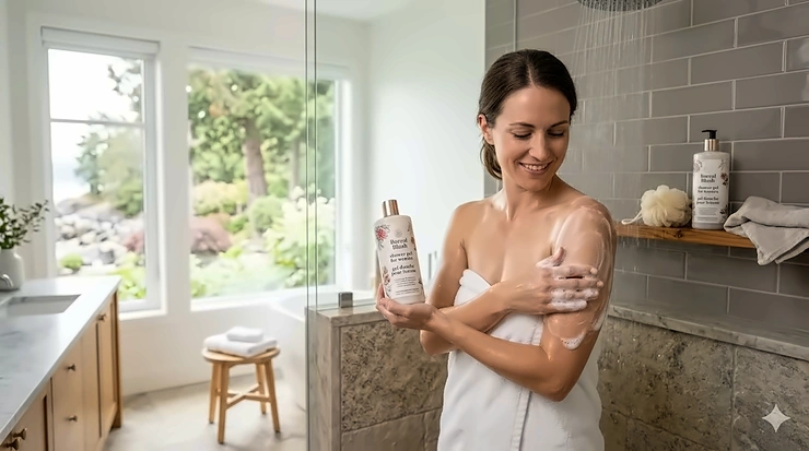 Relaxing bath scene with premium shower gel for women.