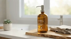 Minimalist kitchen counter with an eco-friendly refillable soap pump.