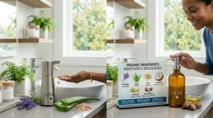 A display showing organic ingredients like lavender, aloe, oat, and coconut used in foam soap and liquid soap formulations.