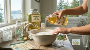 Infographic illustrating pure plant-based ingredients like organic olive oil used to formulate the best transparent best castile soap in Canada.