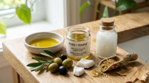 Natural ingredients used in our unscented castile liquid soap. / Ingrédients naturels utilisés dans notre savon de Castille liquide sans parfum.