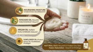 Completing a moisturizing routine with body wash for dry skin.