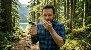 Man using North Scent smelling body wash for men after a forest workout.