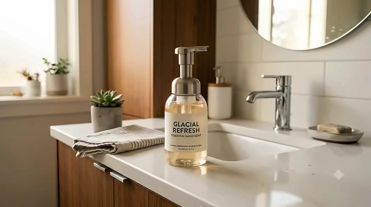 A bottle of premium foaming hand soap sitting on a clean bathroom counter.