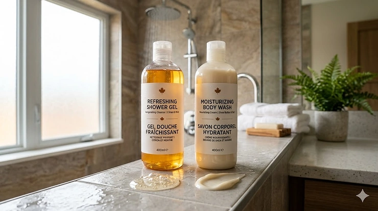 Luxury liquid hand soap in a modern bathroom | Savon liquide pour les mains haut de gamme dans une salle de bain moderne