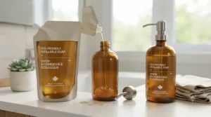 Simple three-step guide to using eco-friendly refillable soap bottles.