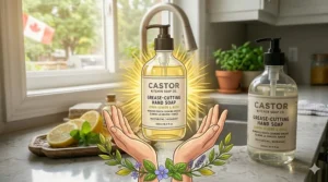 Soap bottle highlighting ability to neutralize stubborn cooking odors.