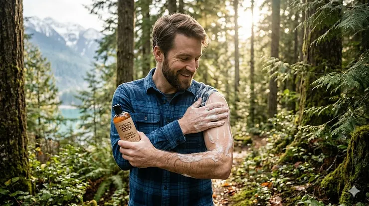 Man with smelling body wash for men in a lush Canadian forest setting.