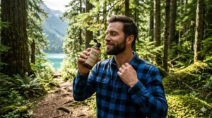 Man actively lathering North Scent smelling body wash for men in a forest.