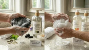 Using a bath sponge or mitt to create lather with shower gel vs body wash.