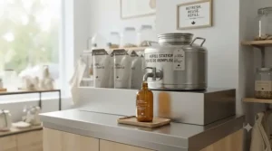 Zero-waste station for refilling eco-friendly soap in a local Canadian store.