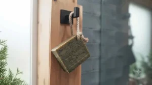 Compact travel soap on a rope.