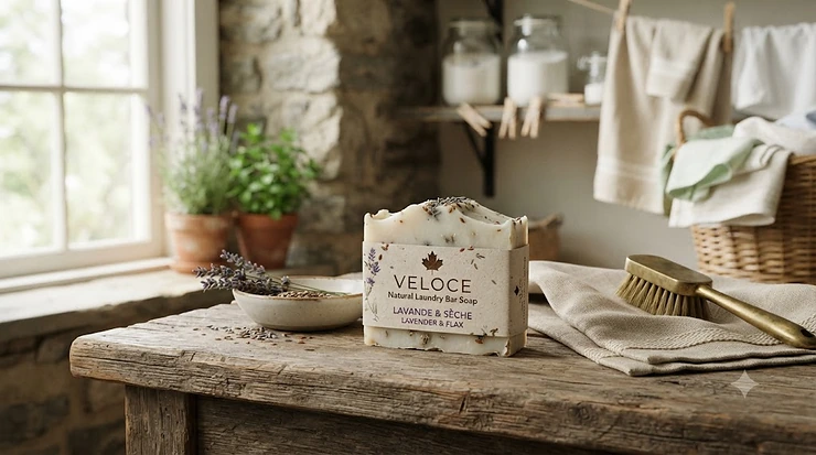 Eco-friendly laundry bar soap resting on a wooden board, ideal for sustainable zero-waste washing in Canadian homes.