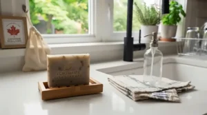 Eco-friendly kitchen counter in a Canadian home featuring a zero waste dish soap bar and linen towel. / Cuisine écoresponsable au Canada avec savon zéro déchet.