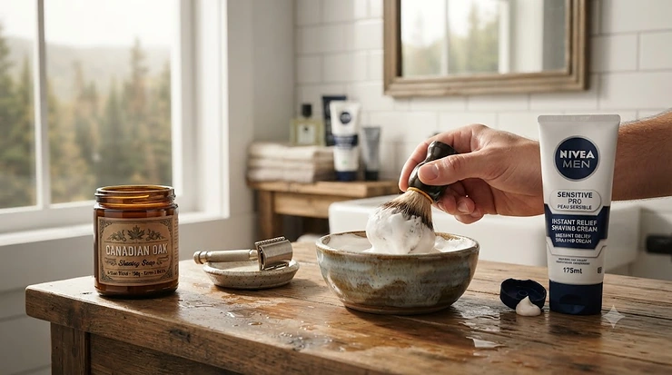 A comparison of traditional shaving soap and moisturizing cream for Canadian skin types, displayed on a rustic wooden background.