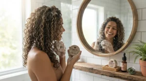 A woman with healthy curly hair using a shampoo bar in her bathroom.