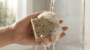 Rich lather of dandruff shampoo bar on hair