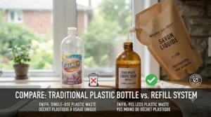 A Canadian family using a zero waste liquid soap refill station at home, promoting sustainable habits. / Famille utilisant une recharge de savon liquide zéro déchet.