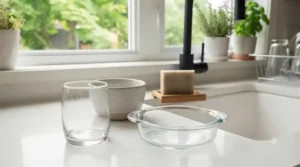 Sparkling clean glass cookware washed effectively using a heavy-duty zero waste dish soap bar. / Vaisselle propre lavée avec un savon vaisselle solide.