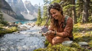 Person using a travel shampoo bar at a Canadian campsite